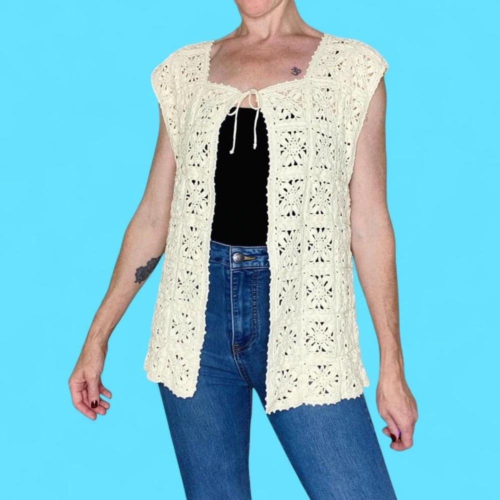 Vintage Ivory Crochet Hippie Bohemian Festival Patchwork Tie Vest